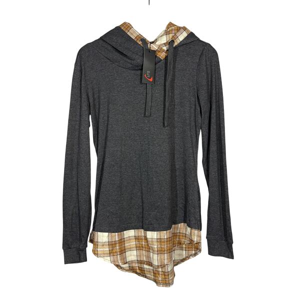 NEW! Djt Hoodie Plaid Trim Pullover Blouse Combo Gray Tan Gold Casual - 35 - Picture 1 of 5